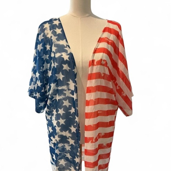 Sweaters - Unbranded Kimono Cardigan Womens One Size Red White Blue Excellent USA Flag Star